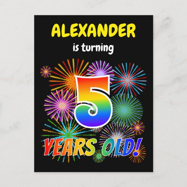 Cartão Postal 5 Birthday - Fogos de artifício divertidos, Arco-Í (Frente)