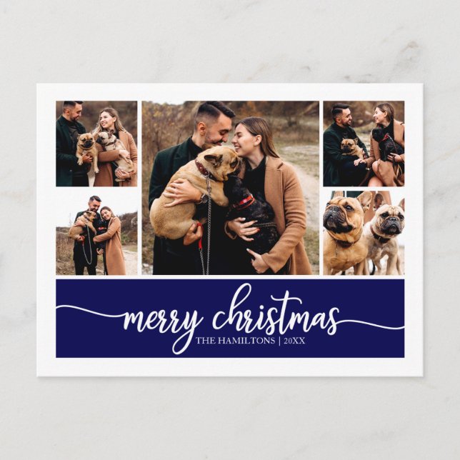 Cartão Postal 5 Fotos Na moda de Colagem Feliz Natal Azul (Frente)