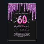Cartão Postal 60 e Fabuloso brilho violeta preto<br><div class="desc">Um convite de aniversário feminino e feminino 60 e fabuloso. Na frente: Um fundo preto chic. Decorado com púrpura escura e púrpura pingando, pintura pingando aparência. Personalize e adicione um nome e detalhes da parte. O nome é escrito com um script de estilo manuscrito, letras claras e roxas. Idade: 60...</div>