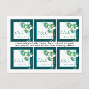 Cartão Postal 6 Tags de Favor do Casamento de Peacock de Teal Mo
