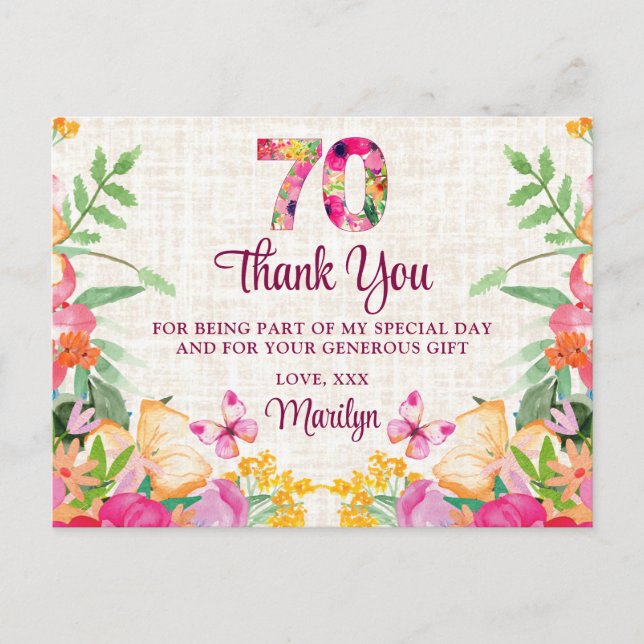 Cartão Postal 70 anos flores 70 Floral Obrigados de aniversário (Frente)