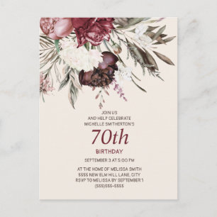 Cartão Postal 70 Birthday Burgundy Ivory Floral Cream