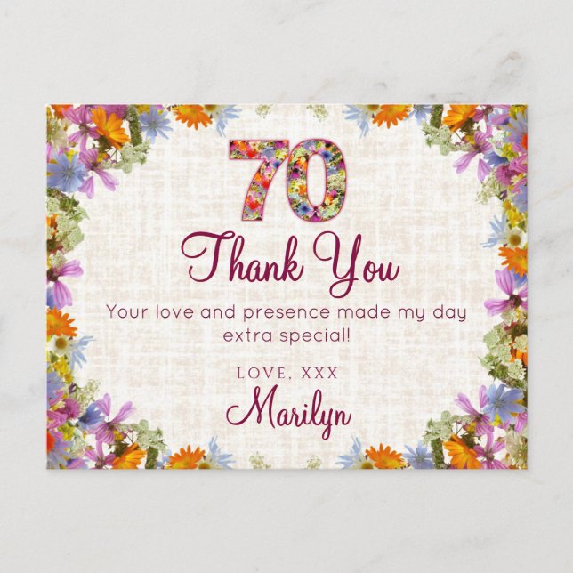 Cartão Postal 70 Birthday Obrigado - Elegante Design Floral (Frente)