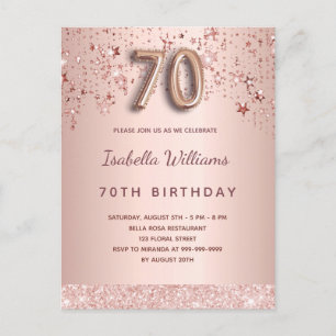 Cartão Postal 70 de aniversário blush rosa dourado estrelas balã