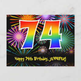 Cartão Postal 74.º aniversário - Padrão divertido de fogos de ar