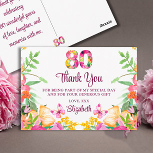 Cartão Postal 80 Anos Flores Borboleta 80º Aniversário Obrigado