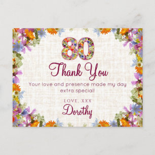 Cartão Postal 80 Birthday Obrigado - Elegante Design Floral