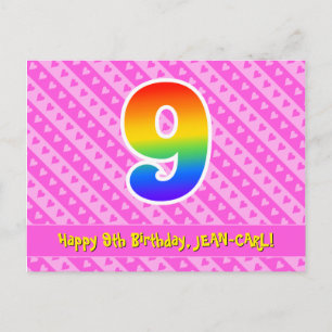 Cartão Postal 9º aniversário: Stripes e Corações Rosa, Arco-Íris
