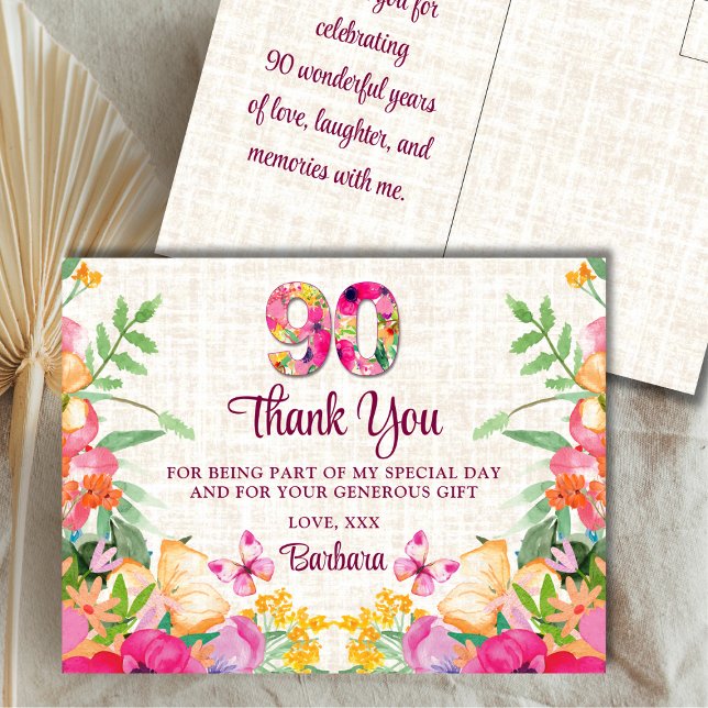 Cartão Postal 90 Anos Flores 90 Floral Obrigados de Aniversário (Criador carregado)