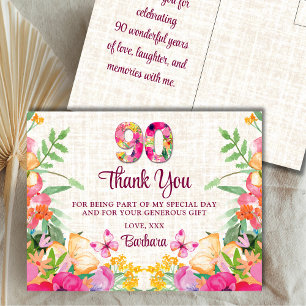 Cartão Postal 90 Anos Flores Linen 90 Aniversário Obrigado