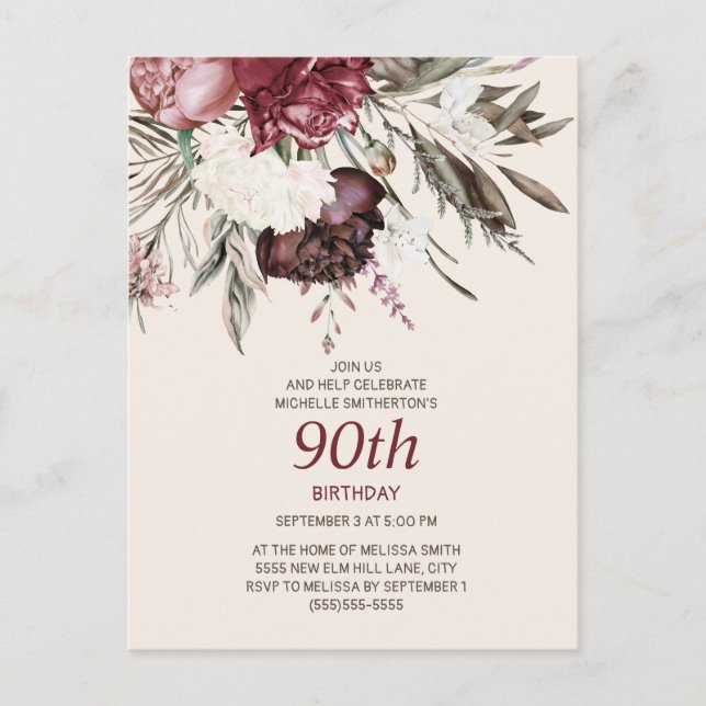 Cartão Postal 90 Birthday Burgundy Ivory Floral Cream (Frente)