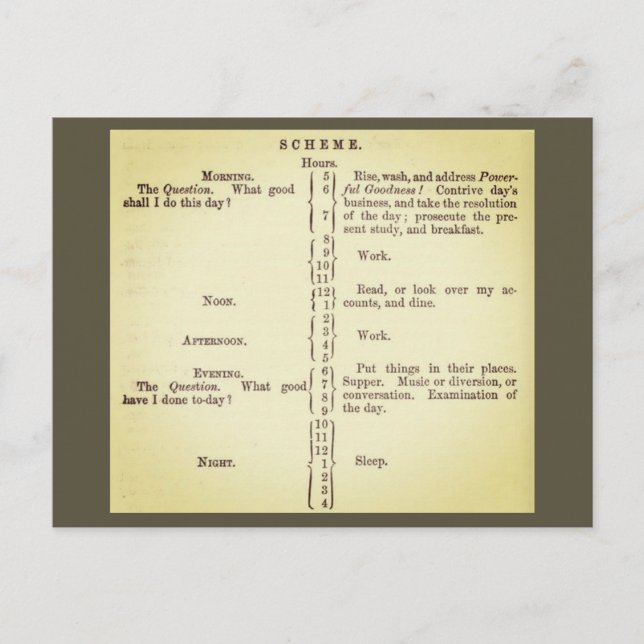 Cartão Postal A agenda de rotina de Benjamin Franklin (Frente)