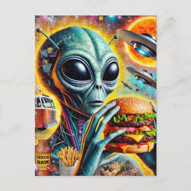 Cartão Postal A Alienígena Funky come Cheeseburger e fries Colla (Frente)