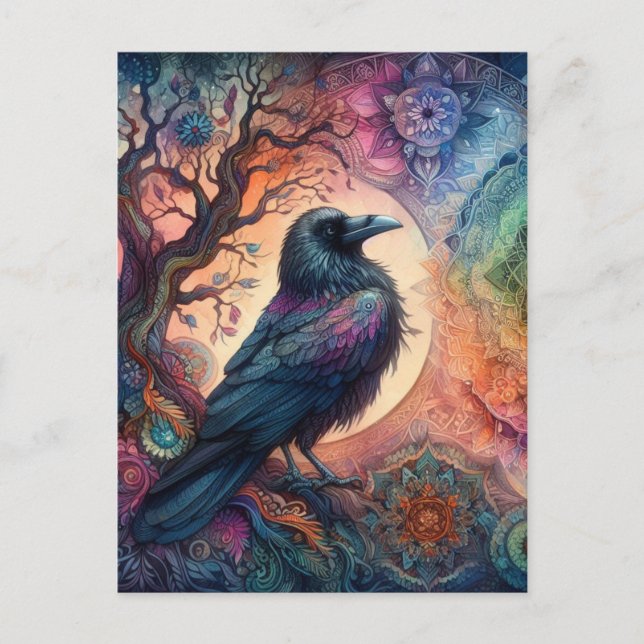 Cartão Postal A Árvore Crow da Vida Mandala Pagan (Frente)