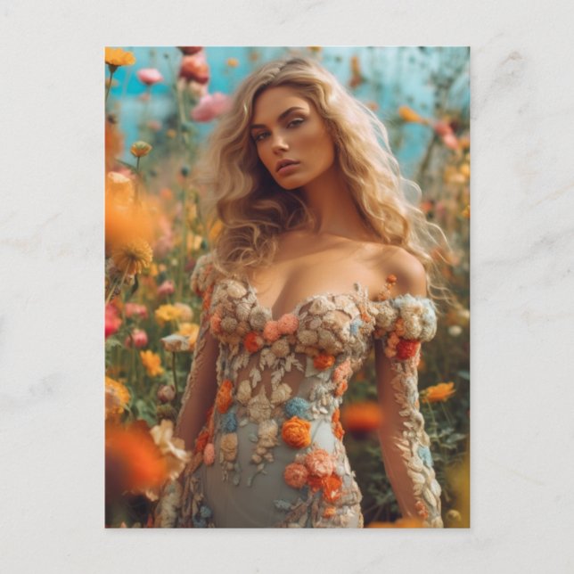 Cartão Postal A bela loira num vestido floral (Frente)