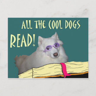 Cartão Postal A biblioteca - Samoyed - cães legal leu a