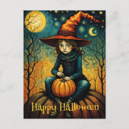 Cartão Postal A Bruxa Sentou-Se No Halloween De Pumpkin