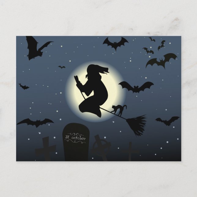 Cartão Postal a cena da bruxa voadora do halloween (Frente)