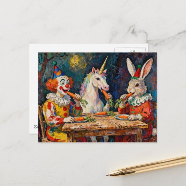 Cartão Postal A clown, a unicorn, and a rabbit eating carrots (Frente/Verso In Situ)