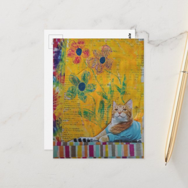 Cartão Postal A Cool Ginger Kitty Yellow Floral Mixed Media (Frente/Verso In Situ)