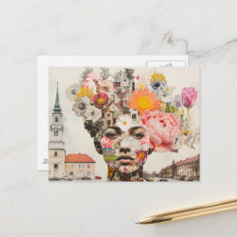 Cartão Postal A Dama Colagem Flores e Edifícios