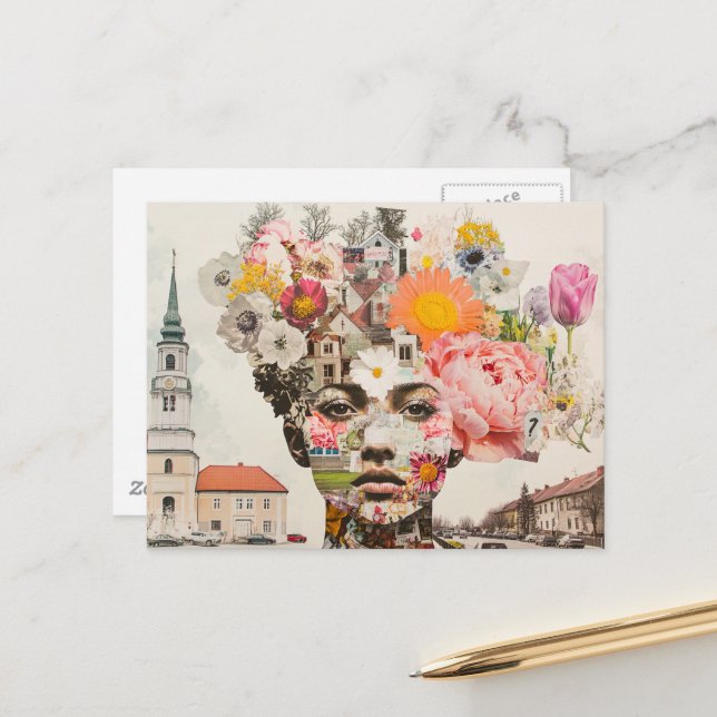 Cartão Postal A Dama Colagem Flores e Edifícios (Frente/Verso In Situ)