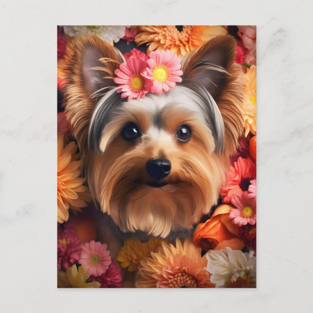 Cartão Postal A Elegância Floral de Yorkshire Terrier (Frente)