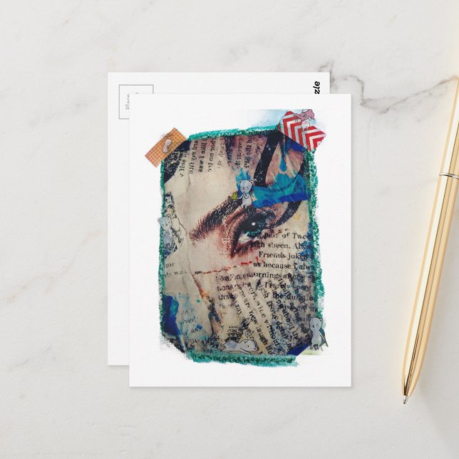 Cartão Postal A face and words abstract mixed media collage (Frente/Verso In Situ)