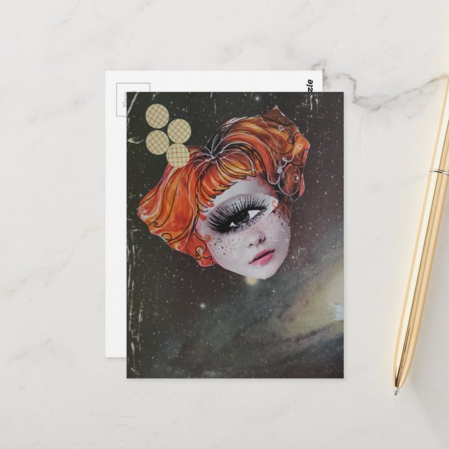 Cartão Postal A face with single eye space mixed media collage (Frente/Verso In Situ)