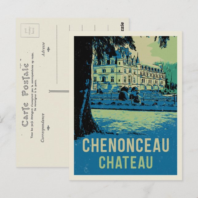 Cartão Postal A ilustração original de Chenonceau castelo França (Frente/Verso)