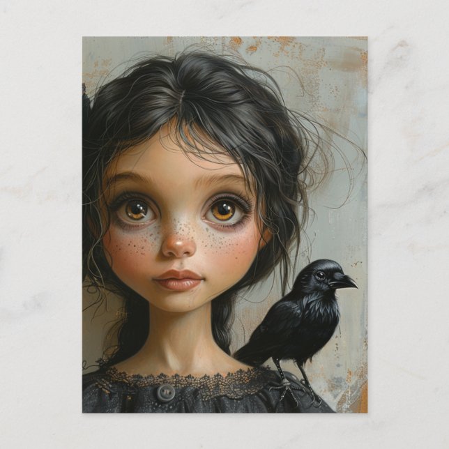 Cartão Postal A Menina com um Pássaro Preto (Frente)