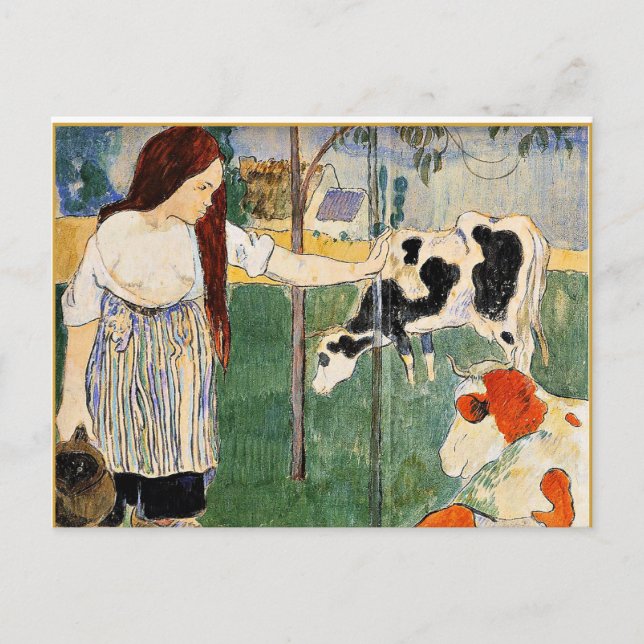 Cartão Postal A Milkmaid, pintura popular de Paul Gauguin (Frente)