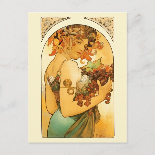 Cartão Postal A Mulher com Frutas de Mucha (Frente)