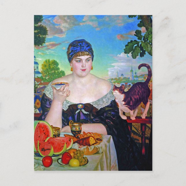 Cartão Postal A Mulher e Gato do Merchant por Boris Kustodiev (Frente)