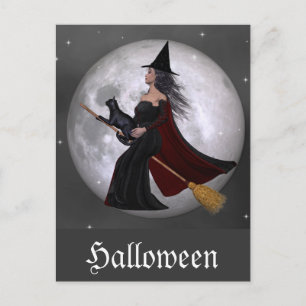 Cartão Postal A Noite: Bruxa e seu Gato Andam na Noite