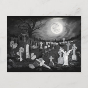 Cartão Postal À noite no cemitério - Anjo com Diabo