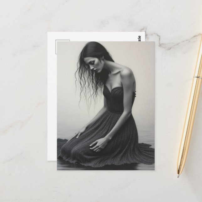 Cartão Postal A Sad Woman Kneels in the Water Black and White (Frente/Verso In Situ)