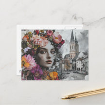 A Senhora Colagem Com Flores e Edifícios