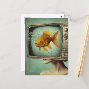 Cartão Postal A Senhora Com uma Cabeça de TV com Peixe Dourado F