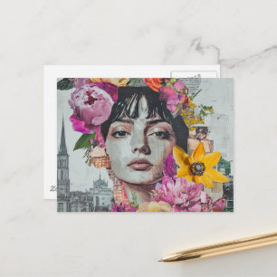 Cartão Postal A Senhora em Flores de Colagem de Cidade Edifícios