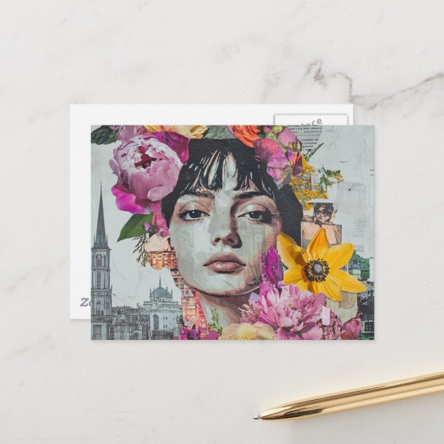 Cartão Postal A Senhora em Flores de Colagem de Cidade Edifícios (Frente/Verso In Situ)
