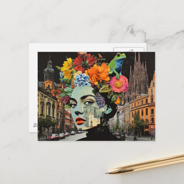 Cartão Postal A Senhora em uma Colagem de Flores Edifícios Rãs (Frente/Verso In Situ)
