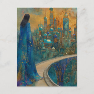 Cartão Postal A Senhora na Cidade Vestida em Azul Elegante