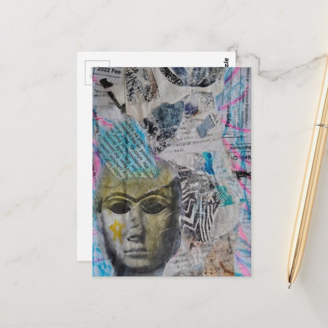 Cartão Postal A stone face Abstract Mixed Media Collage (Frente/Verso In Situ)