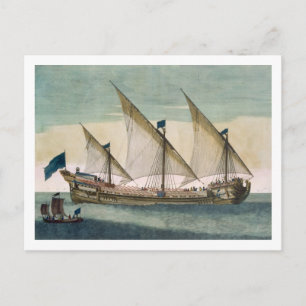 Cartão Postal A three-masted Galleass under way by sail, oars sh