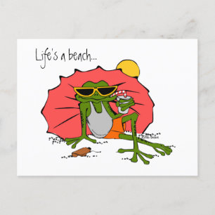 Cartão Postal A vida é uma praia. Sapo de desenho animado na pra