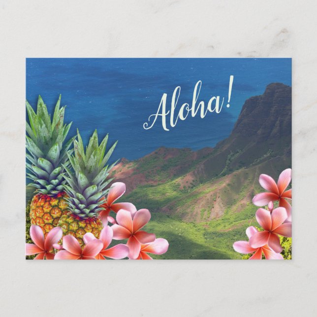 Cartão Postal Abacaxis e Montanhas Aloha Havaianas Flores (Frente)