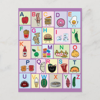 Cartão Postal ABC Alfabet aprendendo cartas comidas felizes apre
