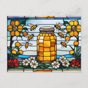 Cartão Postal Abejas de Mel em Vidro Colorido e Pote de Mel