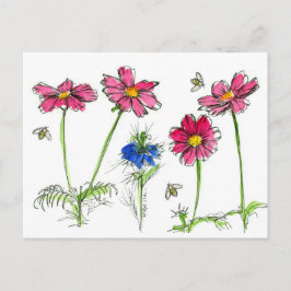 Cartão Postal Abelhas Aquarela Flores Rosa Cosmos